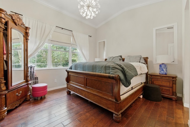 4635 Mediterranean Cir, Palm Beach Gardens, FL 33418 - bedroom featuring lofted ceiling, crown molding, dark wood-style floors, baseboards, and a chandelier