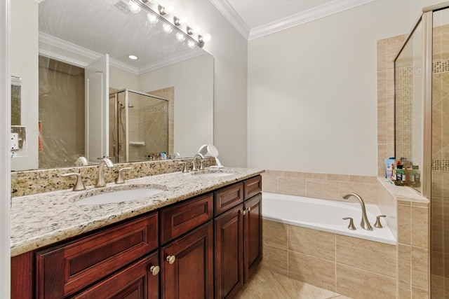 4635 Mediterranean Cir, Palm Beach Gardens, FL 33418 - full bath featuring a stall shower, a garden tub, double vanity, and ornamental molding