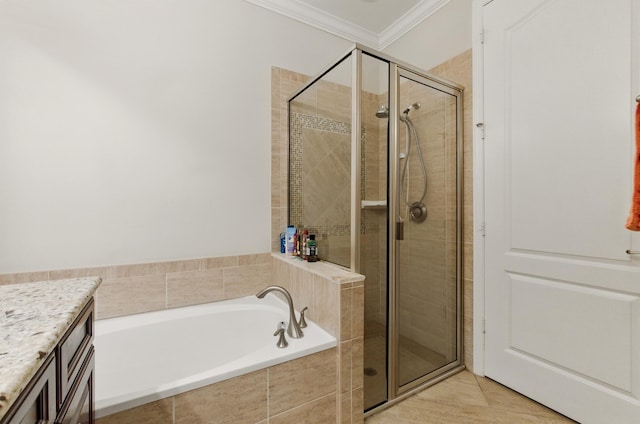 4635 Mediterranean Cir, Palm Beach Gardens, FL 33418 - bathroom featuring a stall shower, crown molding, a garden tub, and vanity