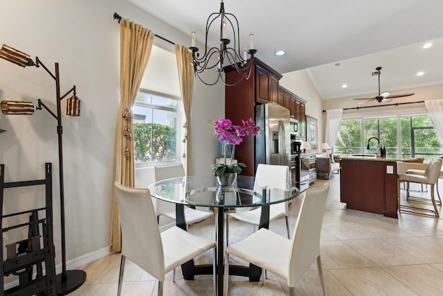 4635 Mediterranean Cir, Palm Beach Gardens, FL 33418 - dining space featuring lofted ceiling, a chandelier, ceiling fan, recessed lighting, and baseboards