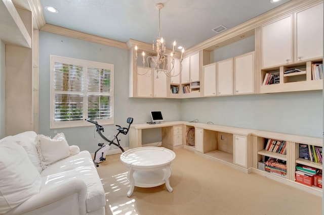 carpeted office space with built in desk, a chandelier, recessed lighting, and ornamental molding