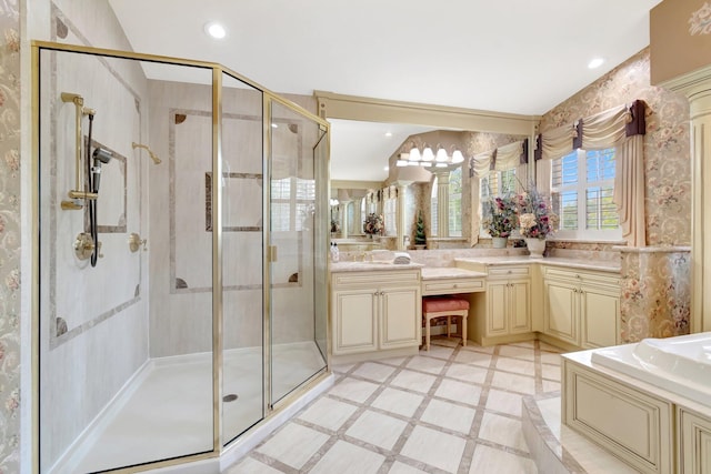 full bathroom featuring a shower stall, inlaid floor details, vanity, recessed lighting, and a tub