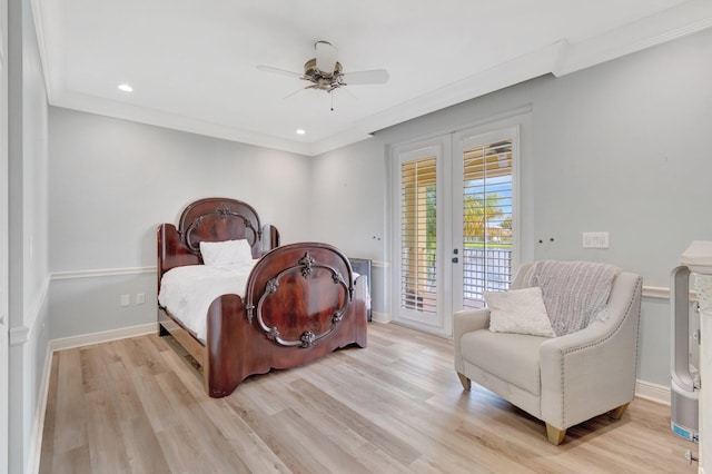 bedroom with access to outside, french doors, light wood-style floors, ornamental molding, and baseboards