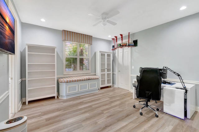 office with ceiling fan, wood finished floors, and recessed lighting