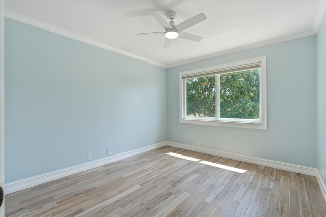 unfurnished room with baseboards, light wood-type flooring, crown molding, and ceiling fan