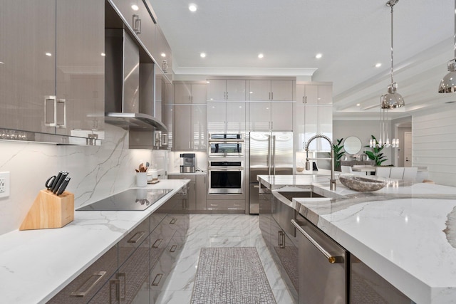 kitchen with modern cabinets, stainless steel appliances, ventilation hood, light marble finish flooring, and a sink
