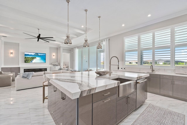 kitchen featuring light marble finish flooring, gray cabinetry, recessed lighting, modern cabinets, and a large island