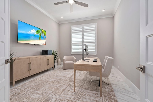 office area with ceiling fan, ornamental molding, baseboards, and recessed lighting