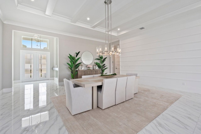 dining room featuring a chandelier, light marble finish floors, ornamental molding, beam ceiling, and recessed lighting