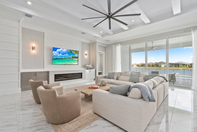 living area with light marble finish flooring, crown molding, a glass covered fireplace, a ceiling fan, and recessed lighting