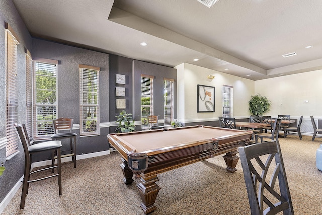 game room featuring carpet, billiards table, baseboards, recessed lighting, and a tray ceiling