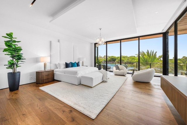 4460 NE 31st Ave, Lighthouse Point, FL 33064 - bedroom with a chandelier, expansive windows, and hardwood / wood-style floors