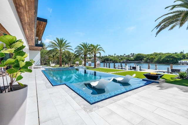 4460 NE 31st Ave, Lighthouse Point, FL 33064 - swimming pool with a dock, a water view, a patio, and a lawn