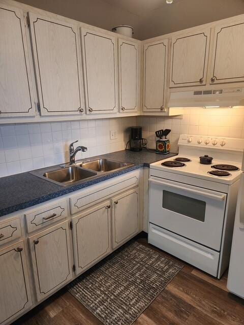 3362 Cynthia Ln Unit 211, Lake Worth Beach, FL 33461 - kitchen with white electric range, under cabinet range hood, a sink, dark wood-style flooring, and tasteful backsplash