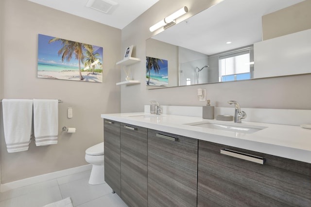 full bath with a shower, baseboards, toilet, double vanity, and tile patterned flooring