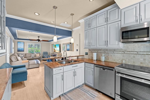 kitchen with appliances with stainless steel finishes, a sink, ornamental molding, a peninsula, and ceiling fan