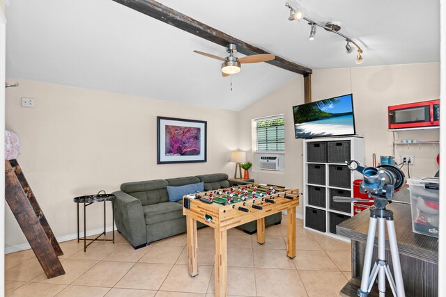 rec room featuring a ceiling fan, tile patterned flooring, cooling unit, and baseboards