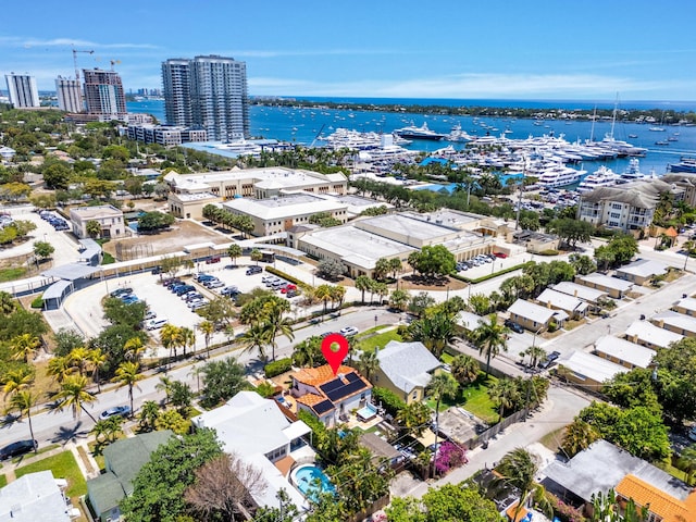 aerial view of a large body of water and a marina