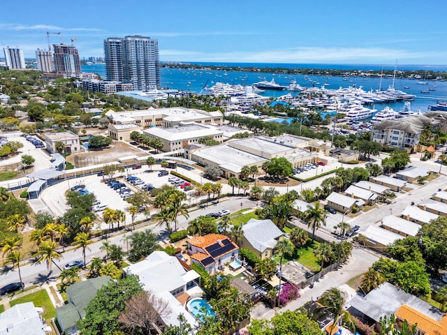 bird's eye view of a nearby body of water and a marina
