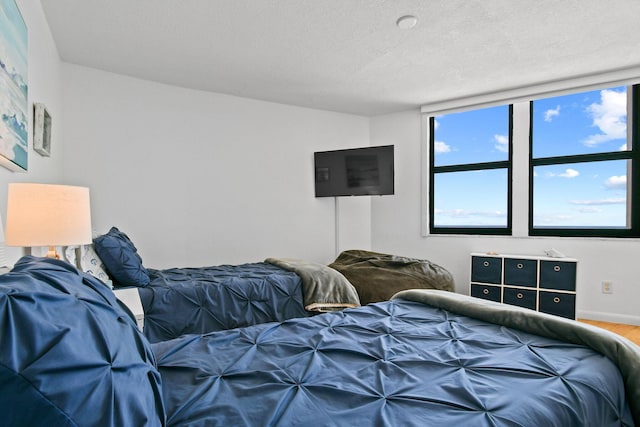 bedroom with wood finished floors, baseboards, and a textured ceiling