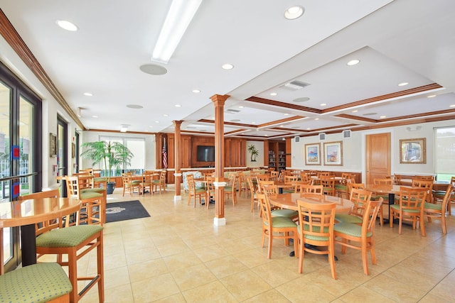 dining room with ornate columns, ornamental molding, recessed lighting, light tile patterned floors, and coffered ceiling