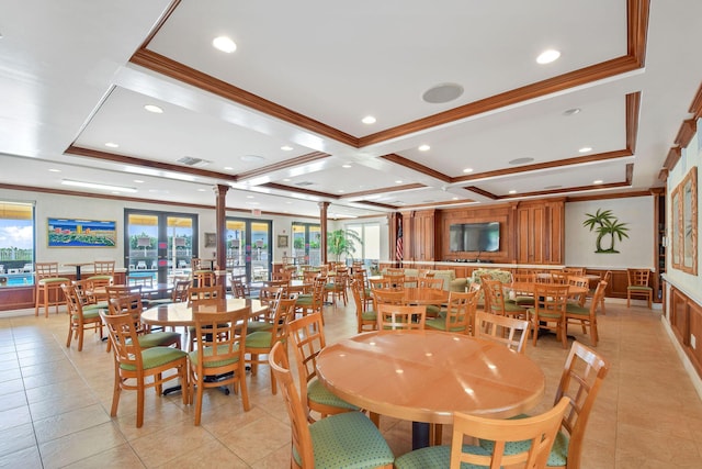 dining room with ornamental molding, coffered ceiling, light tile patterned floors, recessed lighting, and beam ceiling