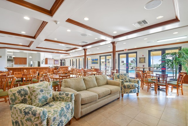 living room featuring crown molding, decorative columns, light tile patterned flooring, coffered ceiling, and beam ceiling