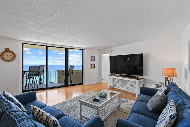 living area with wood finished floors, floor to ceiling windows, a textured ceiling, and baseboards