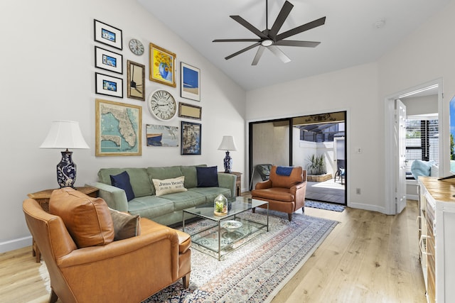 701 Sea Oats Dr Unit A-4, Juno Beach, FL 33408 - living area featuring ceiling fan, light wood-type flooring, and lofted ceiling