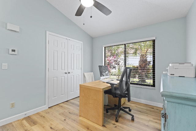 701 Sea Oats Dr Unit A-4, Juno Beach, FL 33408 - office area with lofted ceiling, a ceiling fan, and light wood finished floors