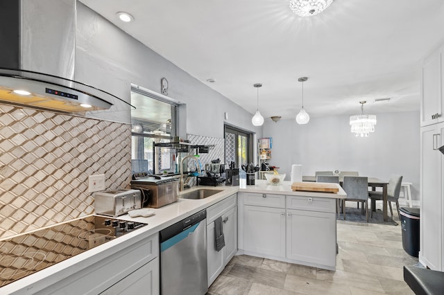 8611 NW 47th Ct, Lauderhill, FL 33319 - kitchen featuring a sink, dishwasher, wall chimney exhaust hood, a chandelier, and black electric cooktop
