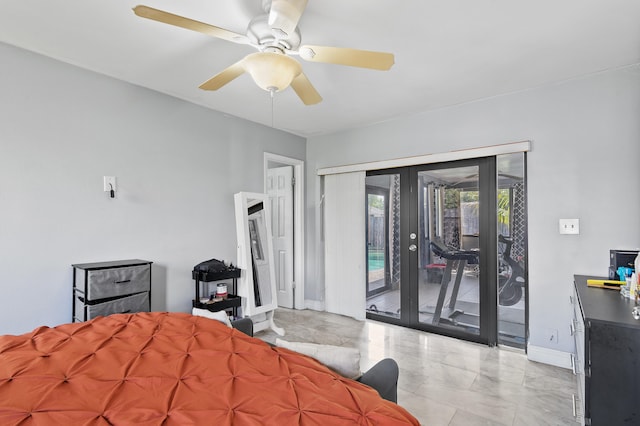 8611 NW 47th Ct, Lauderhill, FL 33319 - bedroom featuring french doors, access to outside, baseboards, light marble finish flooring, and a ceiling fan