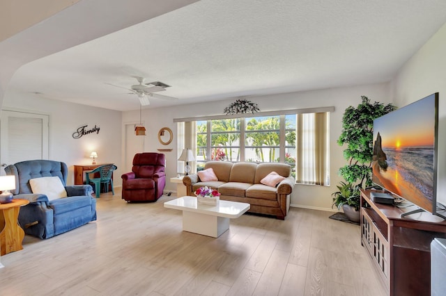 living area with light wood-style floors, baseboards, a ceiling fan, and a textured ceiling