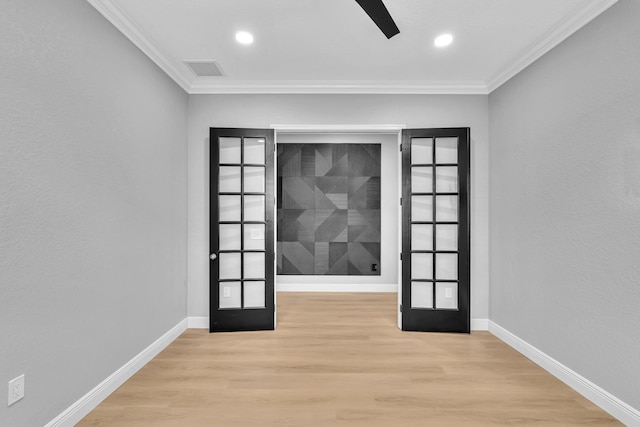 14838 Strand Ln, Delray Beach, FL 33446 - empty room featuring wood finished floors, baseboards, ornamental molding, a ceiling fan, and french doors