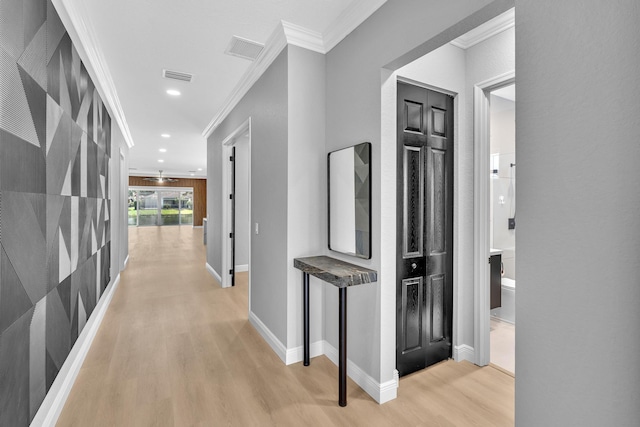 14838 Strand Ln, Delray Beach, FL 33446 - hall with ornamental molding, light wood-style floors, recessed lighting, and baseboards