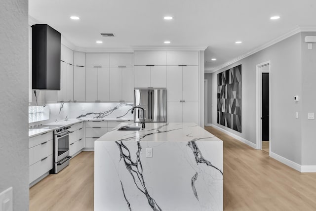 14838 Strand Ln, Delray Beach, FL 33446 - kitchen with stainless steel appliances, modern cabinets, a sink, recessed lighting, and white cabinetry