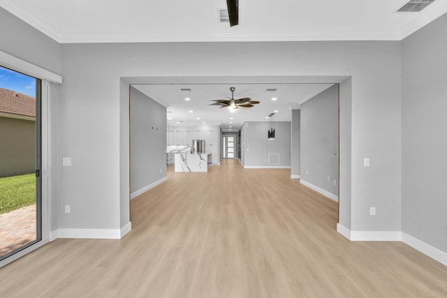 14838 Strand Ln, Delray Beach, FL 33446 - unfurnished living room featuring a ceiling fan, light wood-style flooring, ornamental molding, baseboards, and recessed lighting