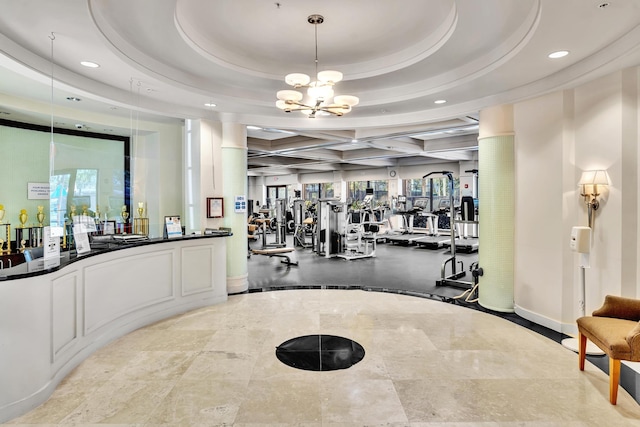 14838 Strand Ln, Delray Beach, FL 33446 - workout area with recessed lighting, a chandelier, coffered ceiling, plenty of natural light, and beamed ceiling