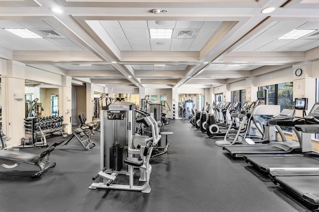 14838 Strand Ln, Delray Beach, FL 33446 - gym with coffered ceiling and beam ceiling