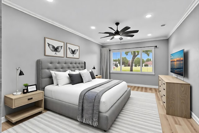 14838 Strand Ln, Delray Beach, FL 33446 - bedroom featuring recessed lighting, light wood-style flooring, baseboards, crown molding, and a ceiling fan