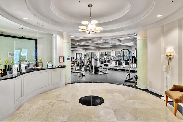 14838 Strand Ln, Delray Beach, FL 33446 - gym with recessed lighting, a chandelier, coffered ceiling, healthy amount of natural light, and beamed ceiling