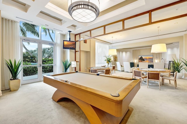 playroom with light carpet, a towering ceiling, coffered ceiling, billiards table, and beamed ceiling