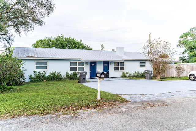 ranch-style home with stucco siding and metal roof