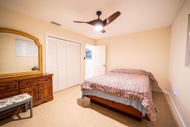 bedroom featuring a closet, ceiling fan, and baseboards
