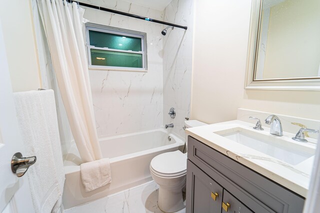 bathroom with toilet, shower / tub combo with curtain, vanity, and marble look tiles