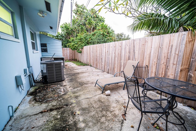 view of patio featuring a fenced backyard and central AC unit