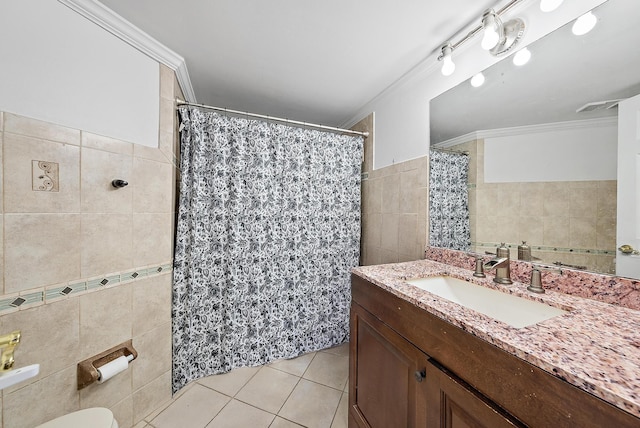 210 Lake Pointe Dr Unit 310, Oakland Park, FL 33309 - bathroom with tile walls, tile patterned flooring, crown molding, vanity, and a shower with shower curtain