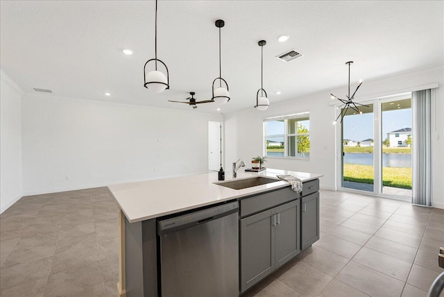3527 Angler Dr, Fort Pierce, FL 34946 - kitchen with dishwasher, gray cabinets, a sink, open floor plan, and recessed lighting