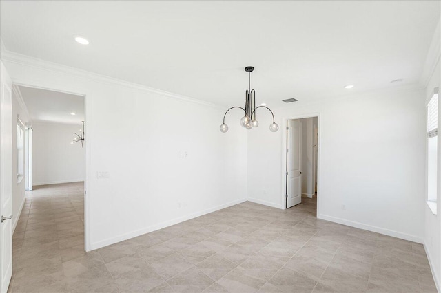 3527 Angler Dr, Fort Pierce, FL 34946 - empty room with a chandelier, ornamental molding, recessed lighting, baseboards, and light tile patterned floors