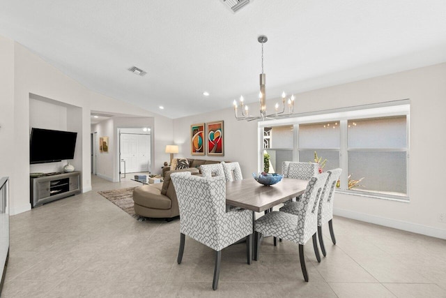 dining area with a chandelier, vaulted ceiling, baseboards, light tile patterned floors, and recessed lighting